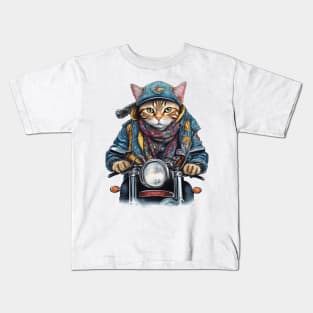 cat wearing a jackets hat and a scarf on a motorcycle Kids T-Shirt